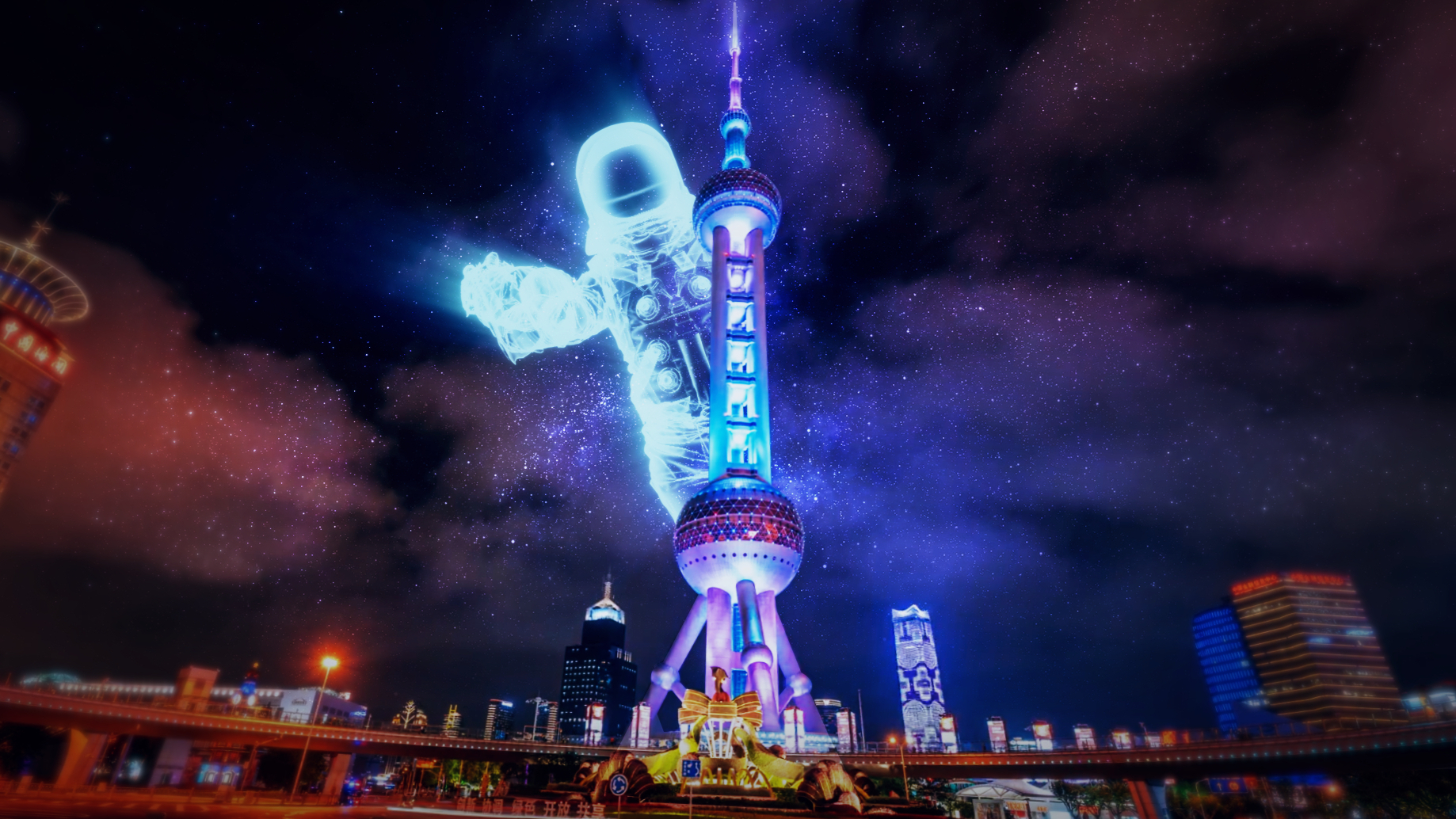 Focus on the "space" Oriental Pearl TV Tower light and shadow ar show