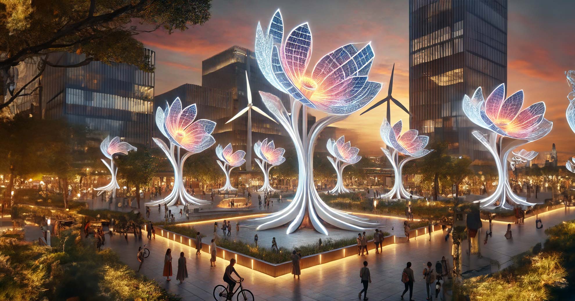 The image shows a futuristic urban plaza at dusk, featuring large illuminated flower-shaped installations with solar panel petals, blending art and renewable energy amidst a bustling crowd.